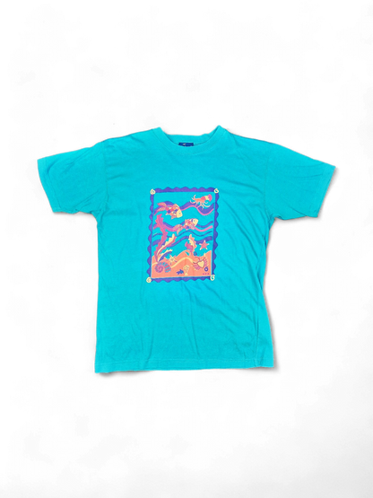 Vintage Teal Cotton T-shirt with Colorful Sea Life Print