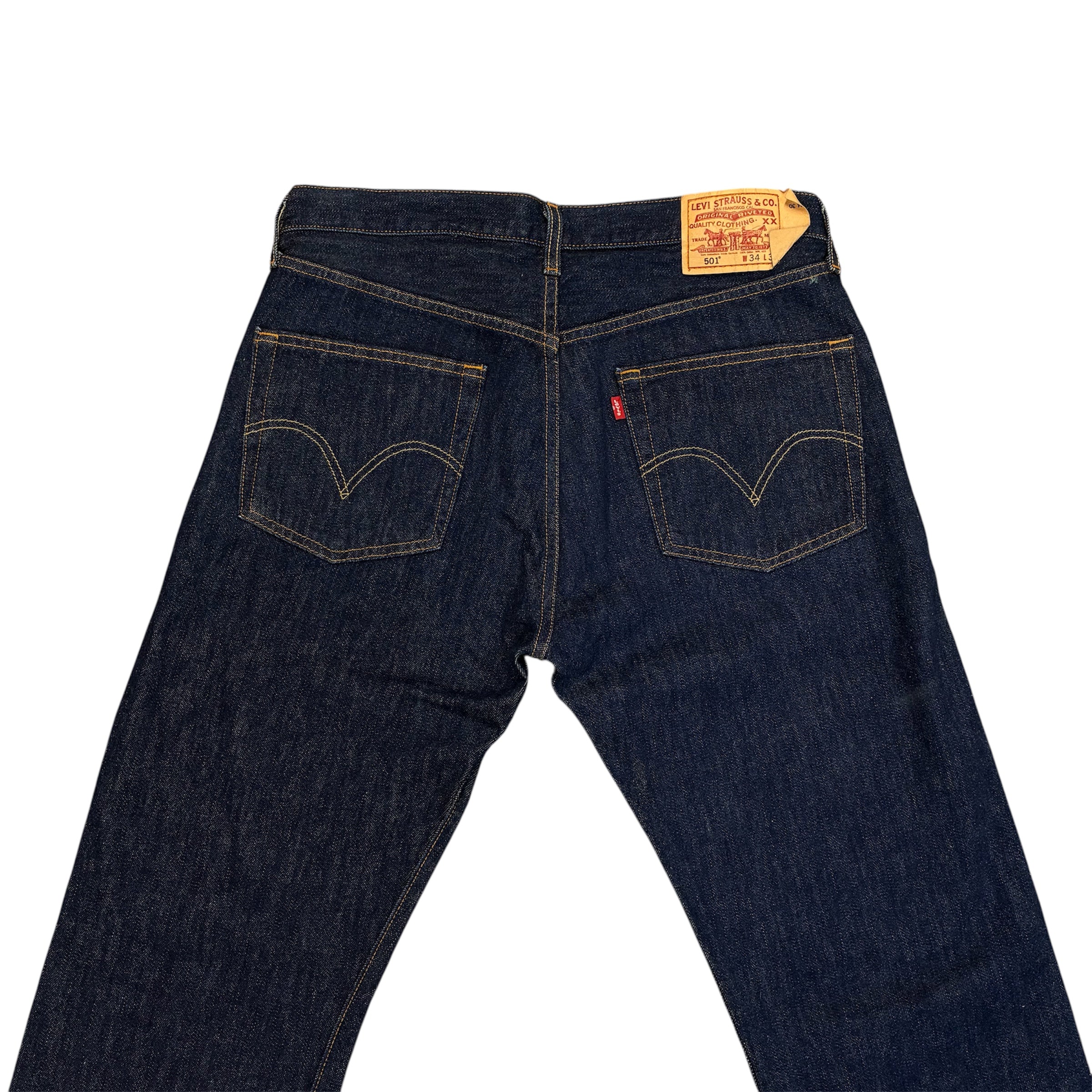 Levi’s 501 Straight Fit Jeans – Dark Blue Wash, Orange Contrast Stitching | W34